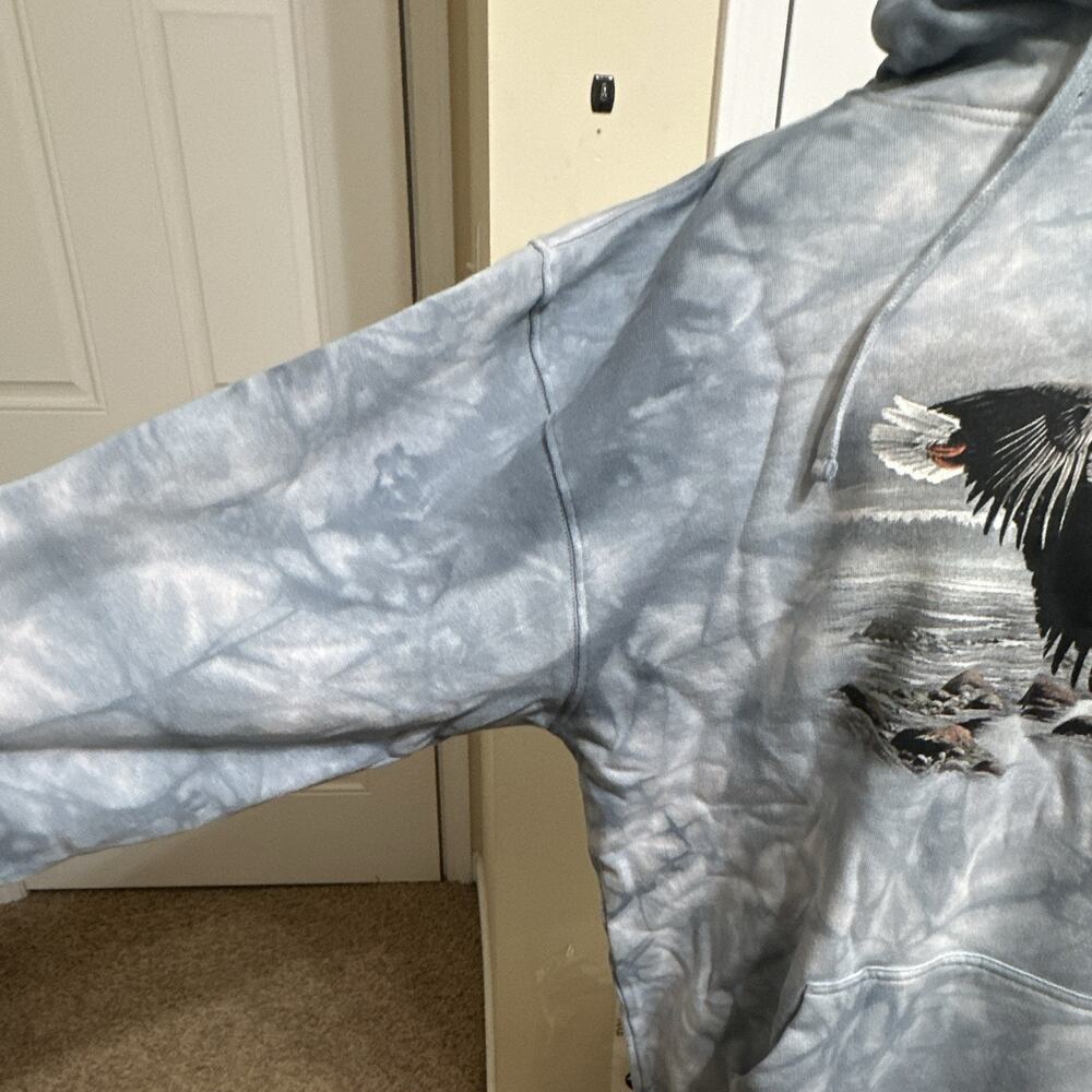 Mountain Men's L Blue/Gray Fleece Pullover Hoodie Tie-Dye Eagle Graphic Pocket - Picture 3 of 10